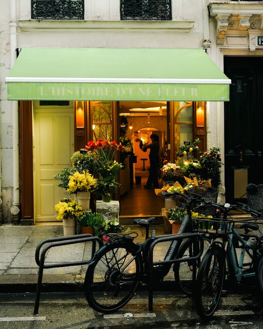 The image depicts the storefront of a flower shop with a bright green awning labeled 'HISTOIRE DE FLEUR' above the entrance. The shop's large glass doors are open, revealing an interior illuminated by