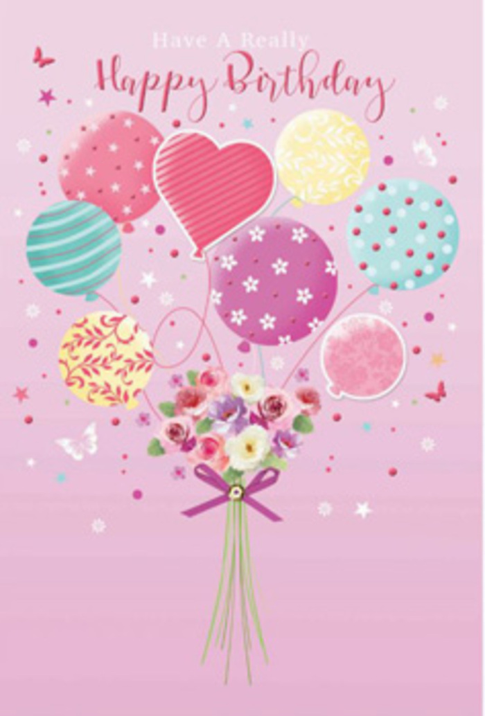 This birthday card artwork unfolds like a gentle celebration in slow motion, echoing the relaxed, village-like pace of life around Keston. The scene features a bouquet that seems to float, carried aloft by a cluster of pastel balloons painted against a soft, rosy-pink background. Each balloon is beautifully detailed: some are circled with curling ribbon-stripes that twist and taper, others are dotted with neat, cheerful spots, and a few display subtle floral and swirl patterns that lend an artistic, hand-drawn charm. The colour story ranges from pale sunshine yellow and sea-green to tender blush, lilac, and deeper fuchsia, blending in a way reminiscent of evening skies above nearby fields and woodlands. At the centre of the composition, gathered where the balloon strings meet, is a petite hand-tied bouquet. Roses and daisy-like flowers bloom in creamy ivory, soft rose, and muted mauve, their petals layered and slightly curled at the edges, as though they have just opened. The imagined scent is sweet yet calm, not overpowering-like stepping into a quiet room where fresh flowers have just been placed. The stems are bound with a shimmering purple bow, satin-smooth and carefully knotted, adding a touch of polish similar to how Florist Keston might finish a bespoke birthday arrangement for local delivery. Around the bouquet and balloons, delicate butterflies and star shapes float and scatter, enhancing the impression that everything is gently moving, stirred by the lightest of breezes. The image captures a mood of cherished celebration: soft, thoughtful, and perfectly suited to mark a special birthday in the Keston area.