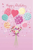 This illustrated birthday design portrays a whimsical bouquet drifting among pastel balloons, evoking the calm joy of a family celebration in Keston. The background is a tender blush pink, giving the impression of soft evening light. From the centre rises a cluster of balloons, each rendered with glossy highlights that make them look as if they are slowly spinning in the air. Their decorations vary: some feature candy-striped ribbons that twist from top to bottom, others are sprinkled with playful polka dots, and one heart-shaped balloon at the centre suggests affection and love. The colours-creamy pinks, sea-greens, buttery yellows, and gentle lavenders-blend together like a curated palette for a small birthday gathering at home. Anchored to the balloon strings is a lush, hand-tied bouquet. Roses and anemone-style blossoms in ivory, blush, and mauve are drawn with layers of feathery petals, giving a sense of softness and fullness, as if the flowers were freshly arranged. A violet satin bow encircles the stems, its fabric shown with a subtle sheen that mimics real ribbon a florist might tie before sending out a birthday delivery to a house near Keston's green spaces. Scattered around the scene are tiny stars and butterflies, adding a hint of magic, like glitter and confetti caught in the air. The composition feels light, playful, and heartfelt, turning the familiar pairing of balloons and flowers into a poetic expression of birthday joy, perfectly capturing the warmth of wishing someone a happy day in and around Keston.