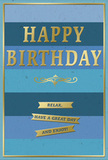In this image, a stylish birthday card is shown in close detail, its blue and gold composition radiating gentle warmth and quiet joy, very much in tune with the relaxed feel of Keston. The card's background is filled with broad horizontal bands of blue, each stripe a distinct yet harmoniously blended tone. From intense navy at the top, the colours gradually soften into royal blue, denim, teal, and finally into the light, fresh blues of a clear sky near the bottom edge, creating a calming ombré effect that suggests openness and ease. Across the central portion, the phrase "HAPPY BIRTHDAY" stands out in large, gold, embossed capital letters. The metallic lettering gleams softly, catching ambient light without overpowering the serene backdrop, and its raised texture lends a subtle sense of luxury. Immediately below the greeting, a delicate golden flourish arcs gracefully, adding a touch of old-fashioned refinement. Under this flourish, three narrow gold banners are neatly stacked, each stripe carrying part of the heartfelt message: "Relax, have a great day and enjoy!" The arrangement of these banners feels like a series of gentle reminders to slow down, breathe, and cherish the occasion, much like enjoying an unhurried birthday breakfast at home with flowers on the table. A slim gold border runs around all four edges of the card, framing the design as though it were a small, elegant print. The finish of the card appears smooth and slightly matte, with the metallic elements rising subtly from the surface. Overall, the card in the image conveys a mood of calm celebration and thoughtful care, just right for pairing with a hand-delivered bouquet from a local Keston florist.